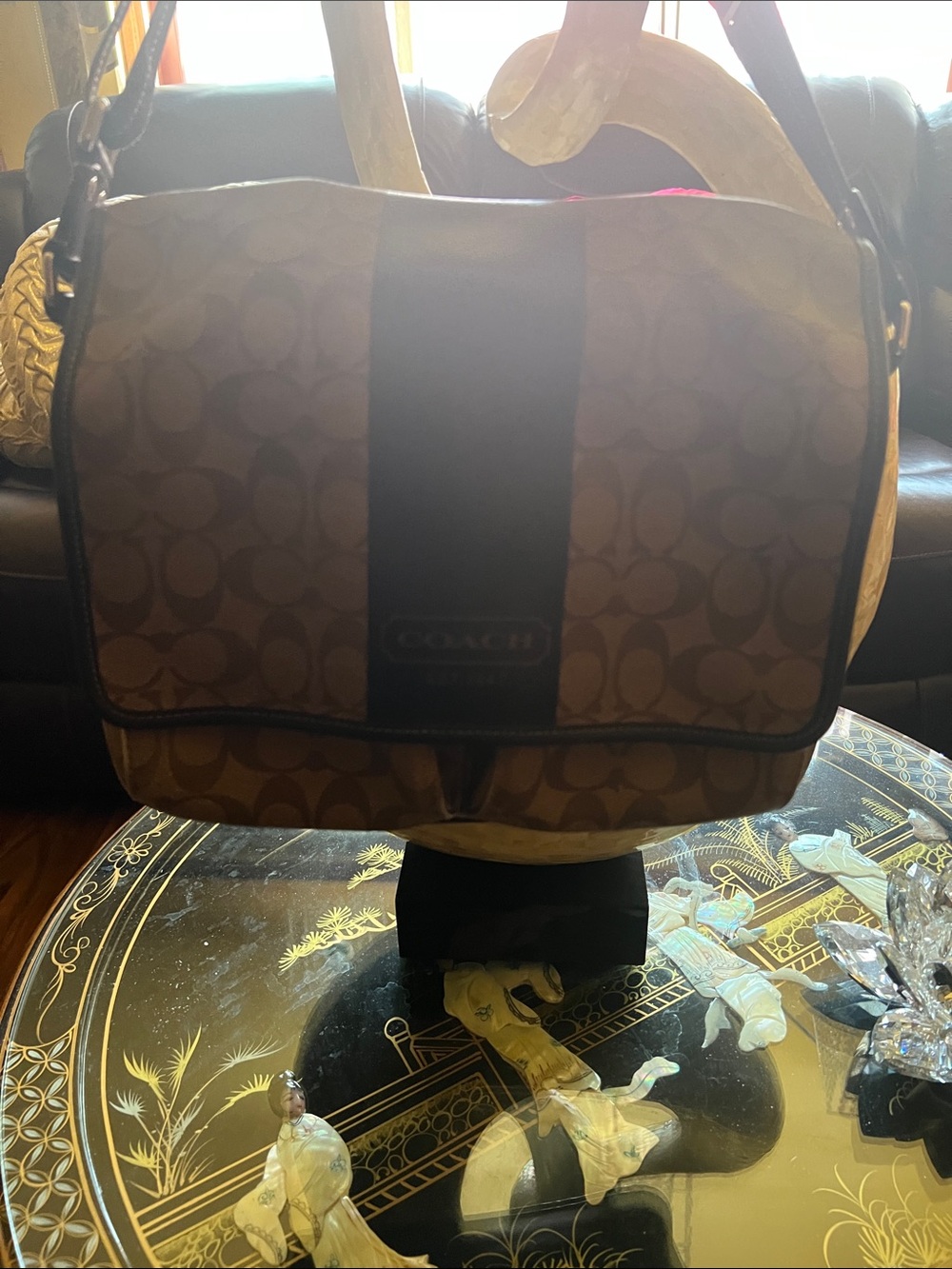 Coach Signature Canvas Messenger Bag with Dark Brown Stripe